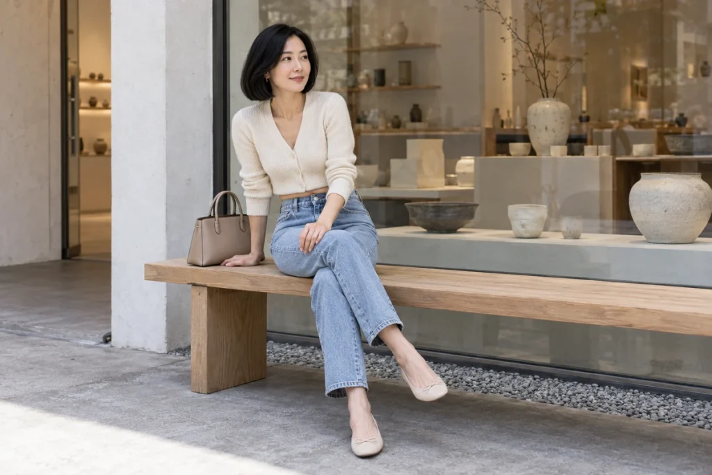 Cream Cropped Cardigan With High-Waisted Jeans