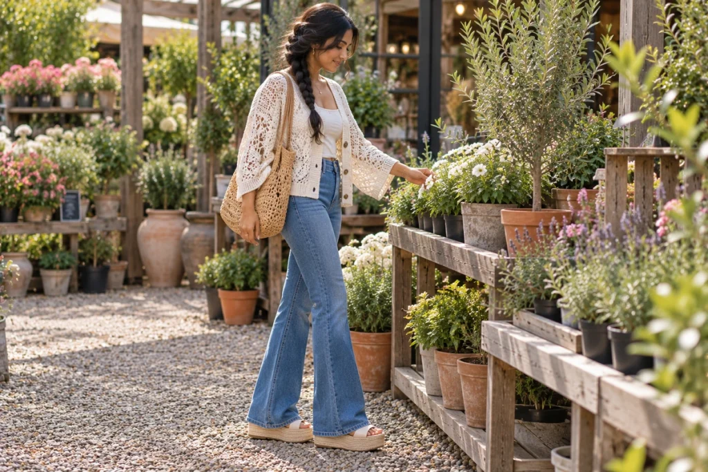 Ivory Crochet Cardigan With Flared Jeans