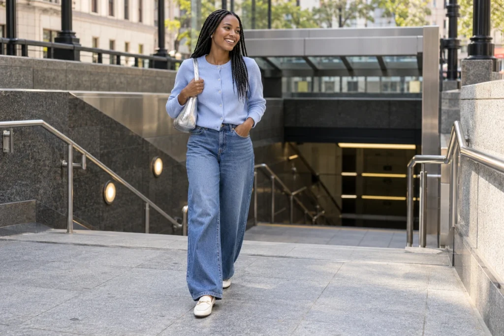 Light Blue Button-Up Cardigan With Wide-Leg Jeans