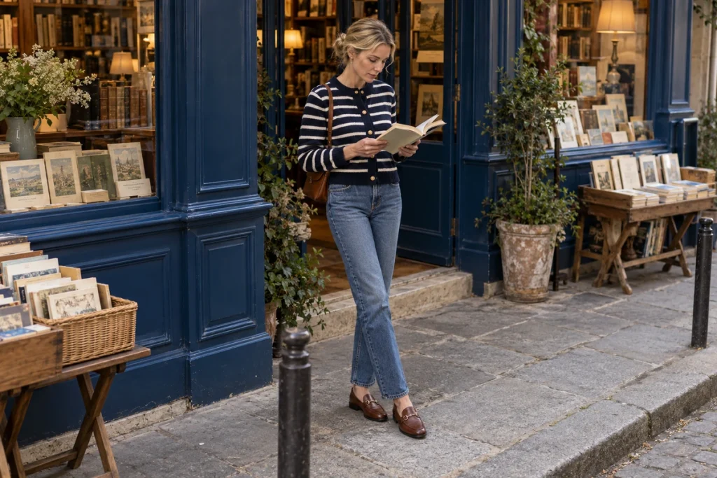 Navy Striped Cardigan With Classic Blue Denim